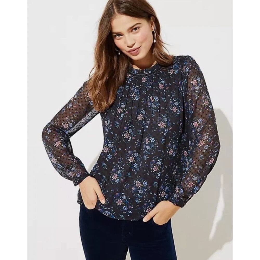 Loft Bouquet Velvet Trim Pintucked Blouse Top Floral Embroidered Navy Women's XS